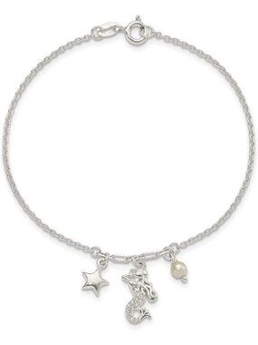 Mermaid-Inspired Cable Bracelet with Cubic Zirconia & Glass Pearls, 7.5